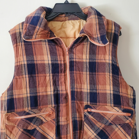 Vintage 70s Puffer Reversible Plaid Brown Zip Up Vest Mens Medium-Large - Picture 11 of 13